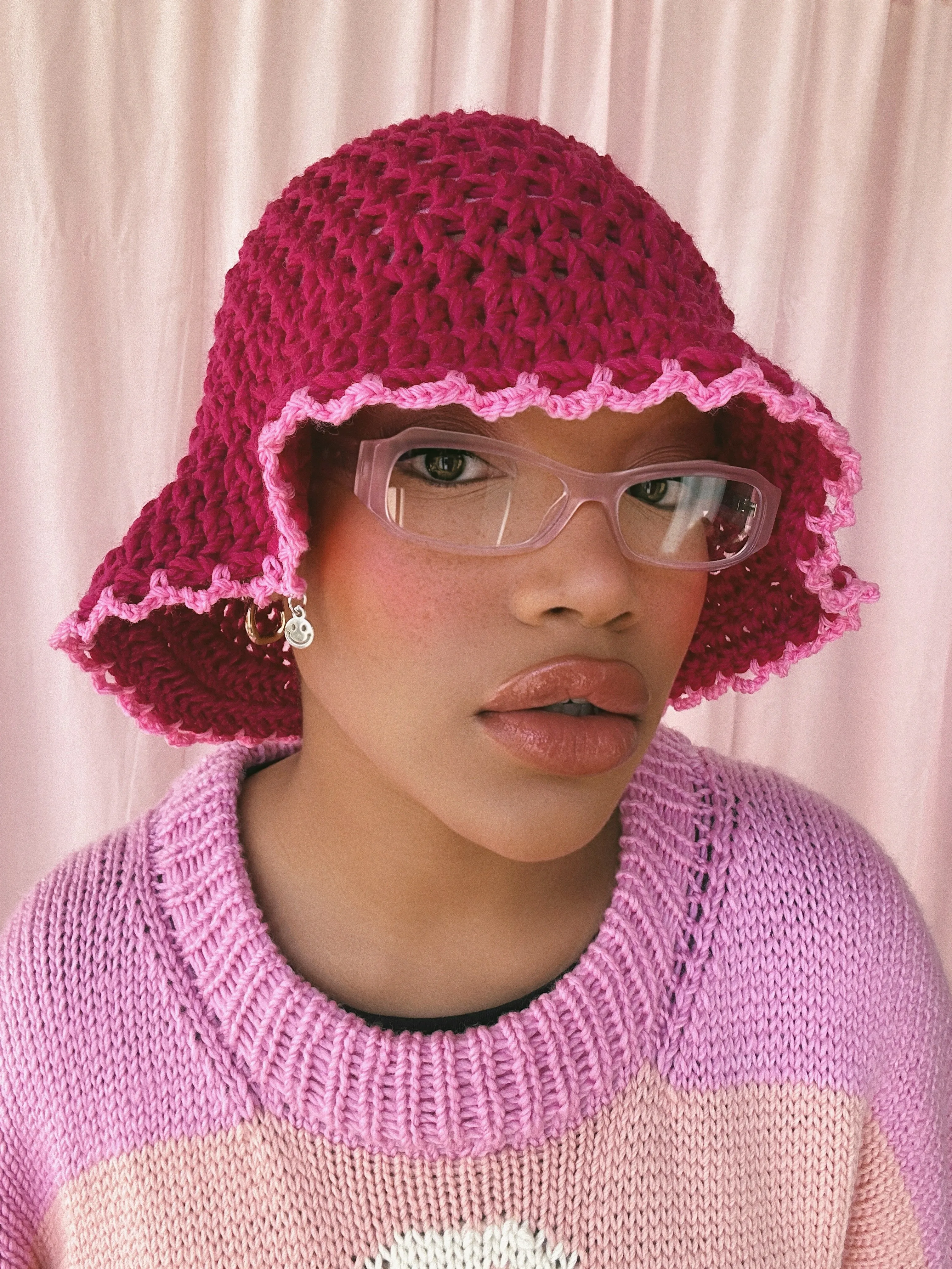 (1 Of 1) Cherry and Pink Crochet Hat - READY TO SHIP