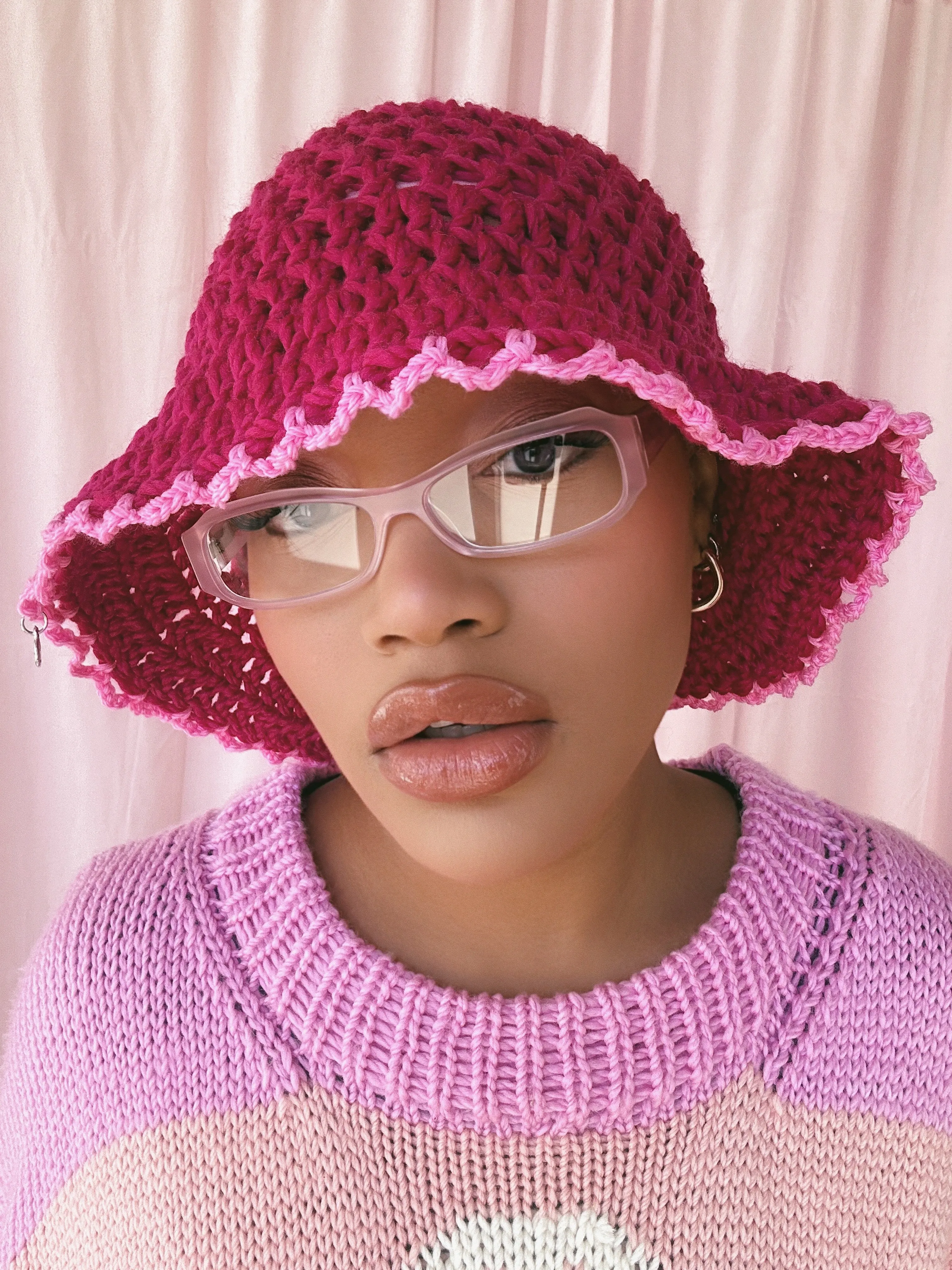 (1 Of 1) Cherry and Pink Crochet Hat - READY TO SHIP