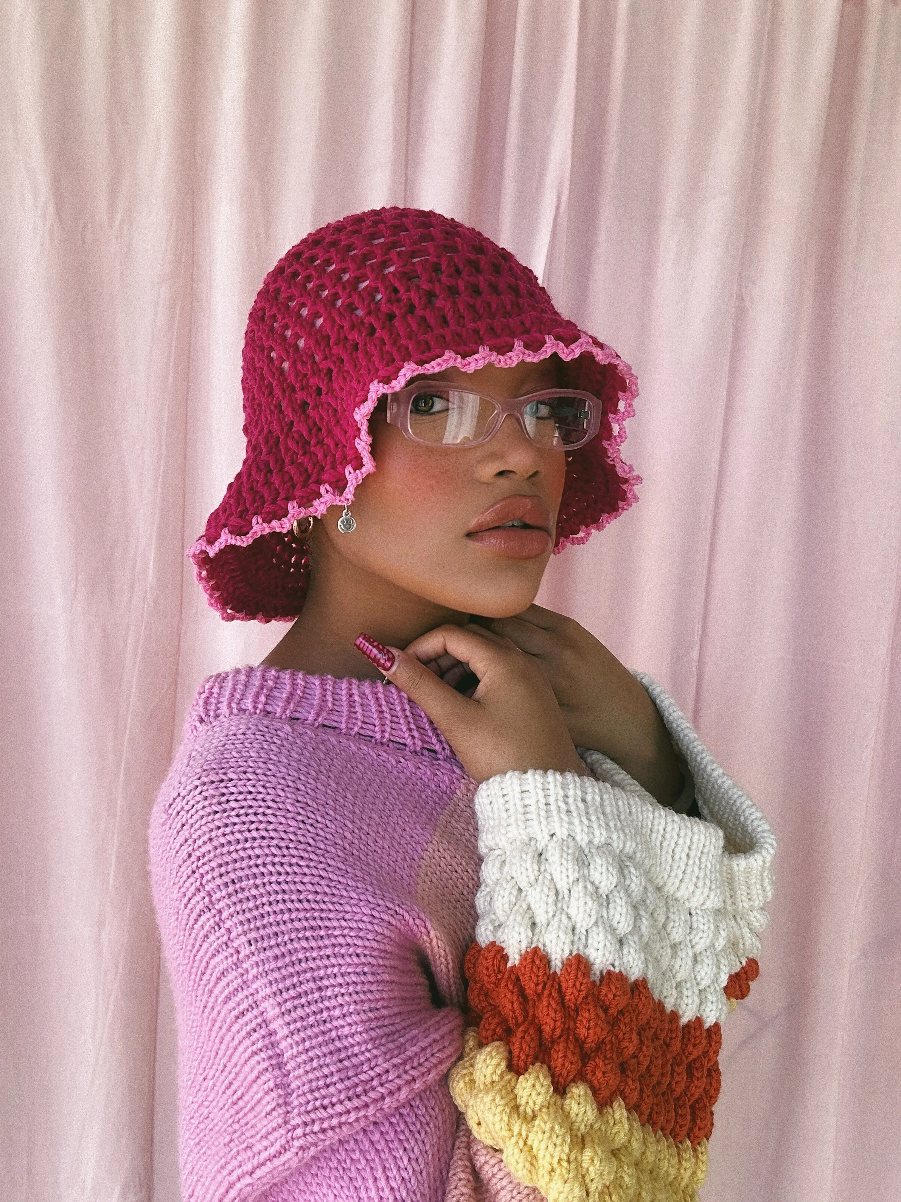 (1 Of 1) Cherry and Pink Crochet Hat - READY TO SHIP