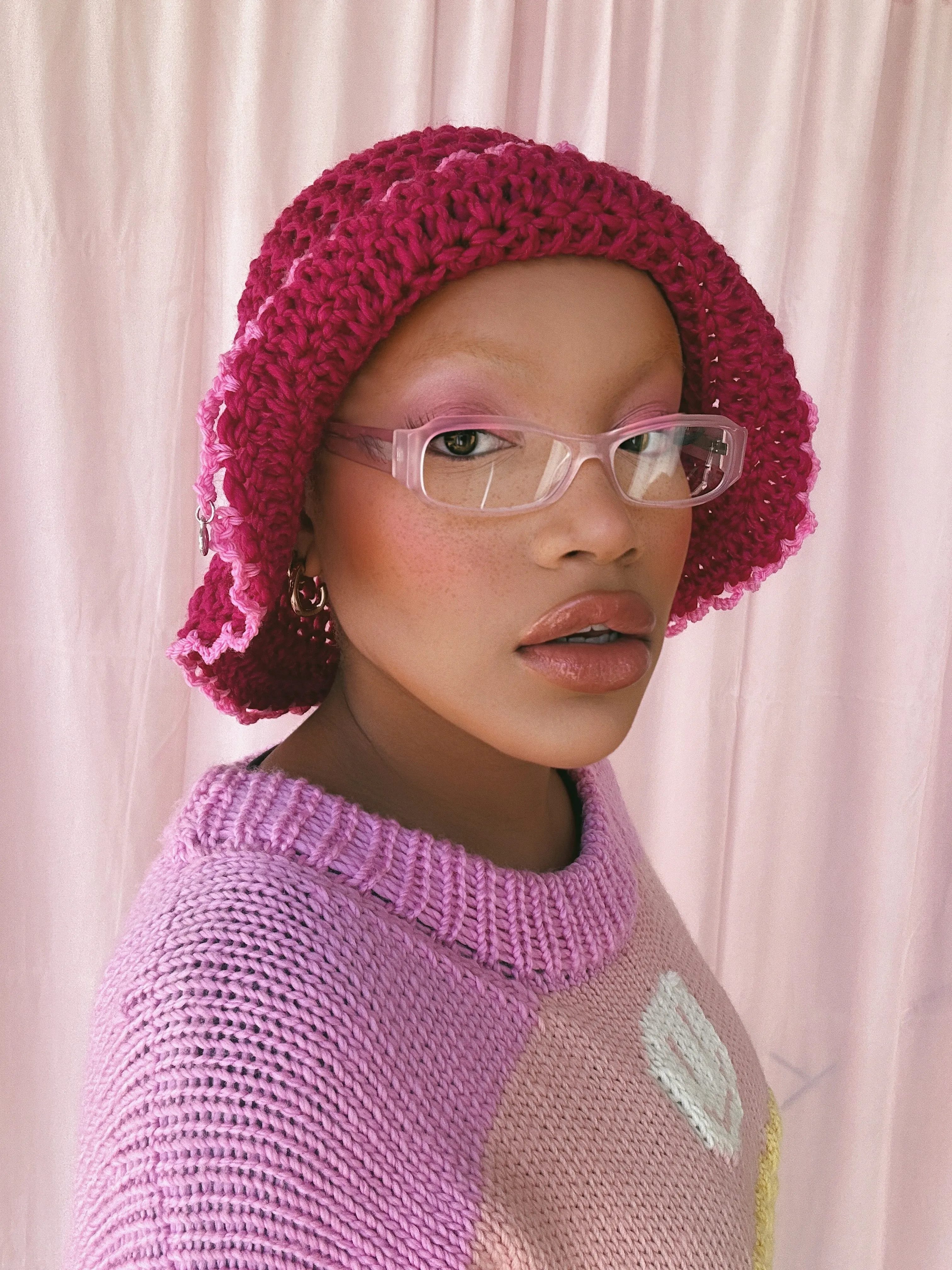 (1 Of 1) Cherry and Pink Crochet Hat - READY TO SHIP