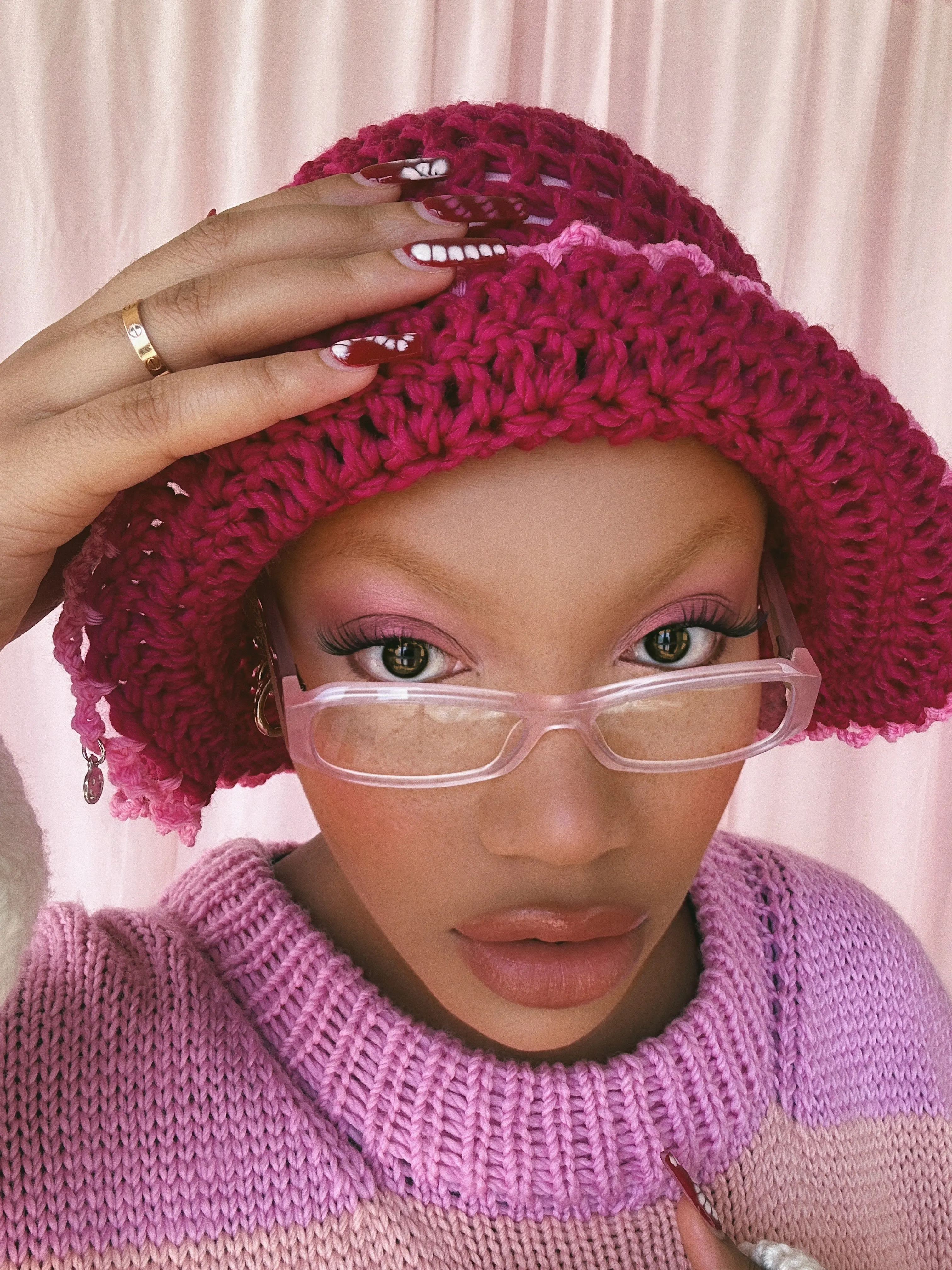 (1 Of 1) Cherry and Pink Crochet Hat - READY TO SHIP