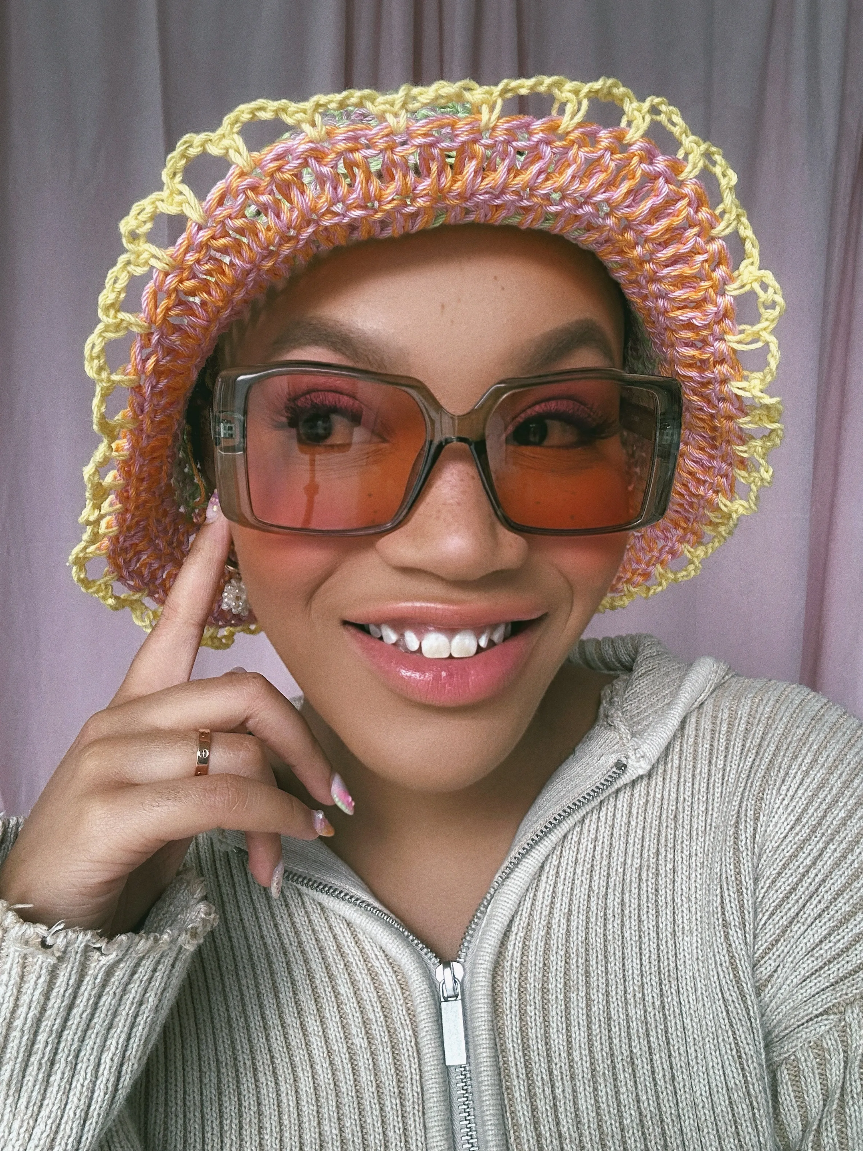 (1 Of 1) Green, Pink and Orange Crochet Hat - READY TO SHIP