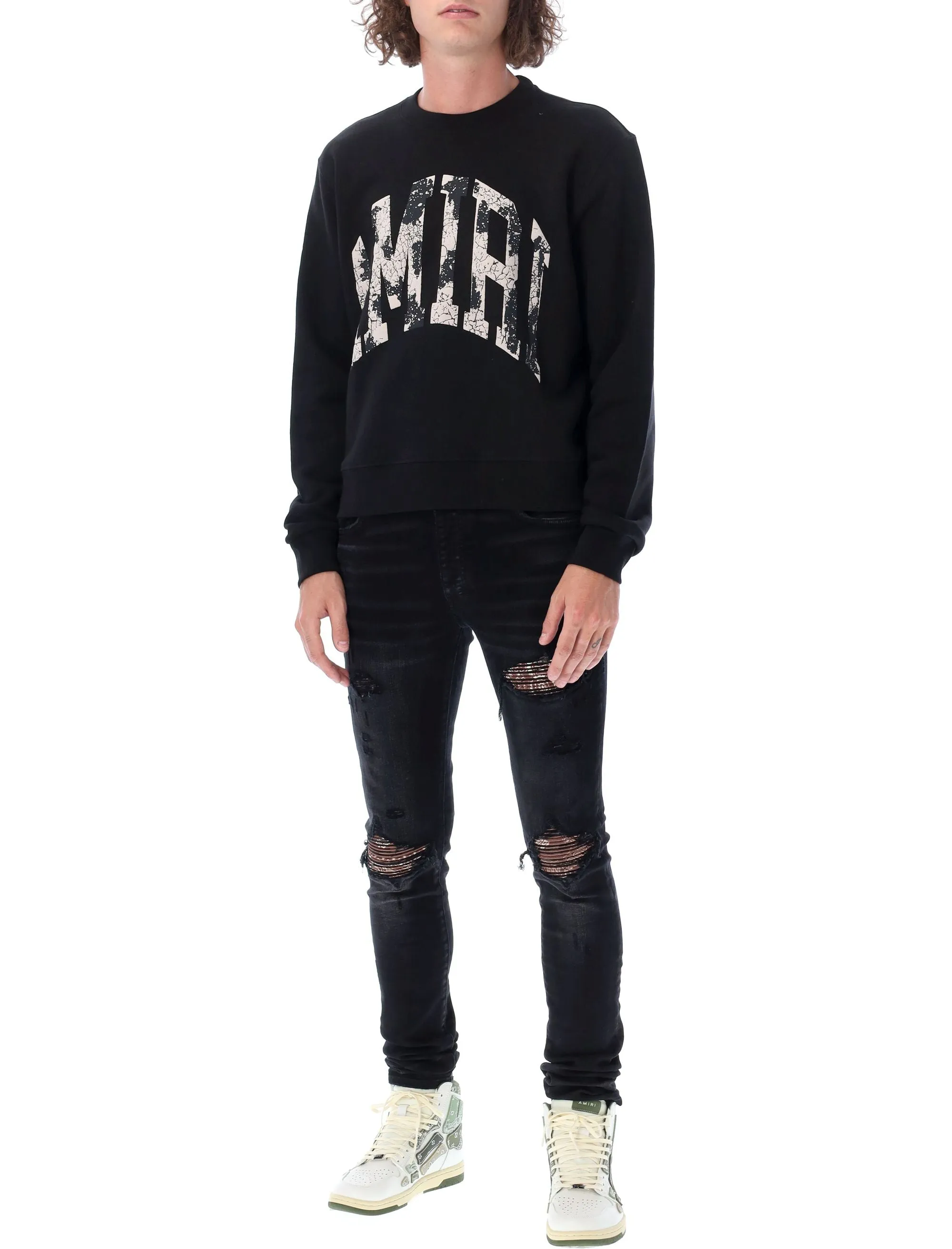 Amiri Distressed Logo Printed Crewneck Sweatshirt