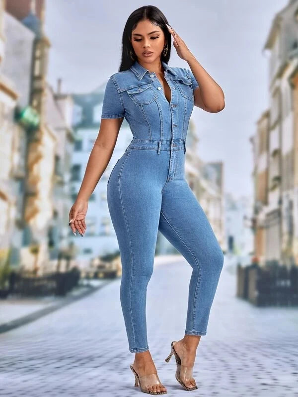 Ashoreshop   Stretch Overalls Sexy Women Turn Down Collar Elegant Blue Denim Casual Jumpsuit Rompers