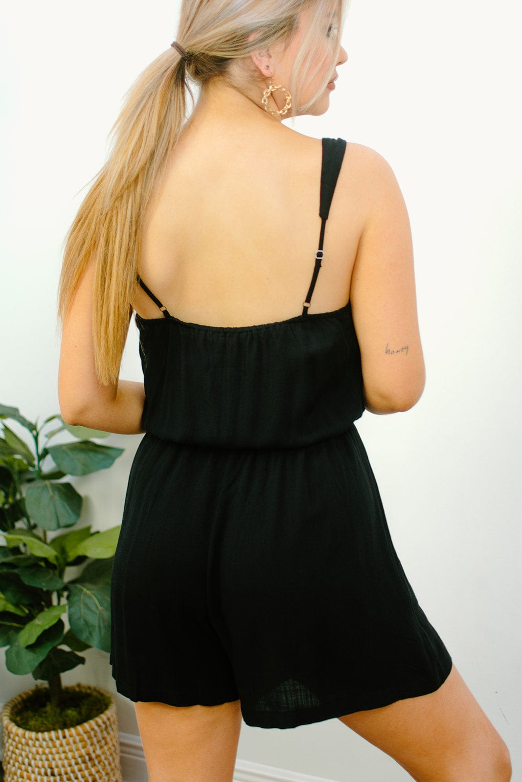 Black V-Neck Drawstring Romper