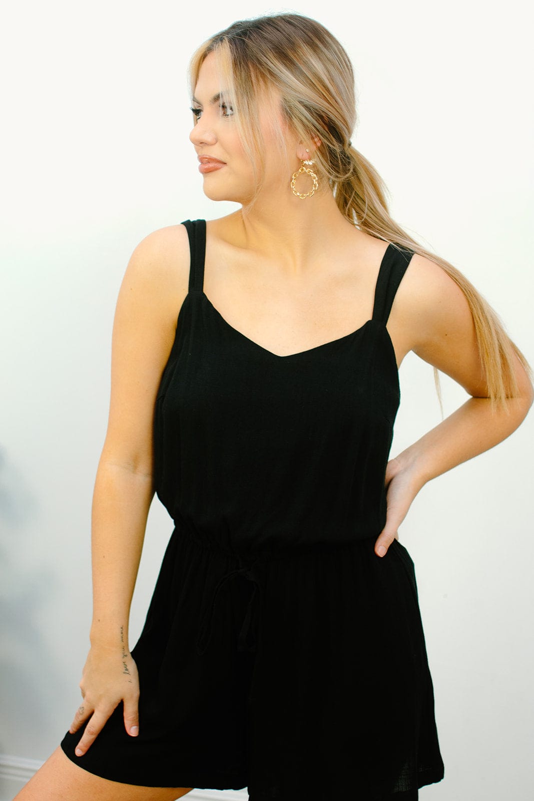 Black V-Neck Drawstring Romper