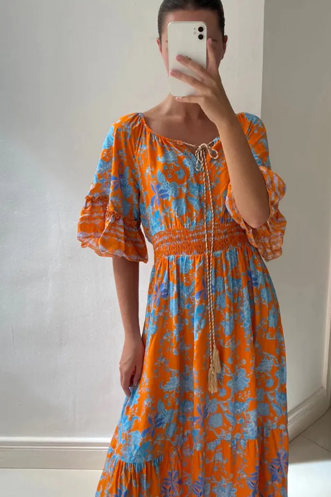 Charli - Antoinette Dress - Orange/Blue Print