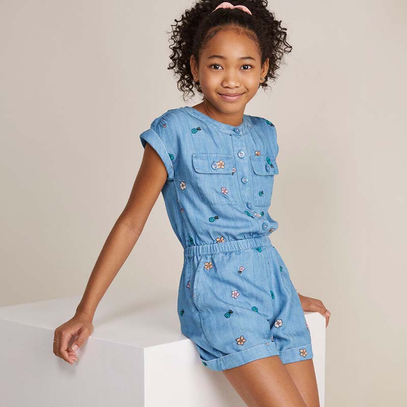 Girls Chambray Utility Romper