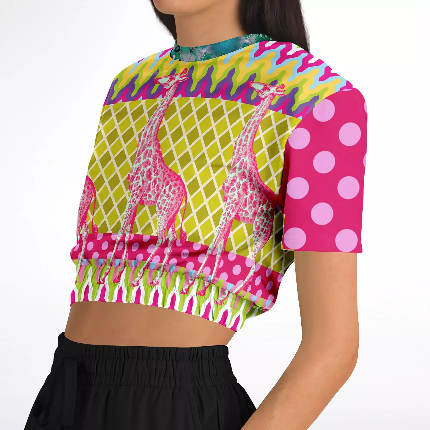 Hello Janis! Pink Geo Giraffe Print Short Sleeve Cropped Sweater