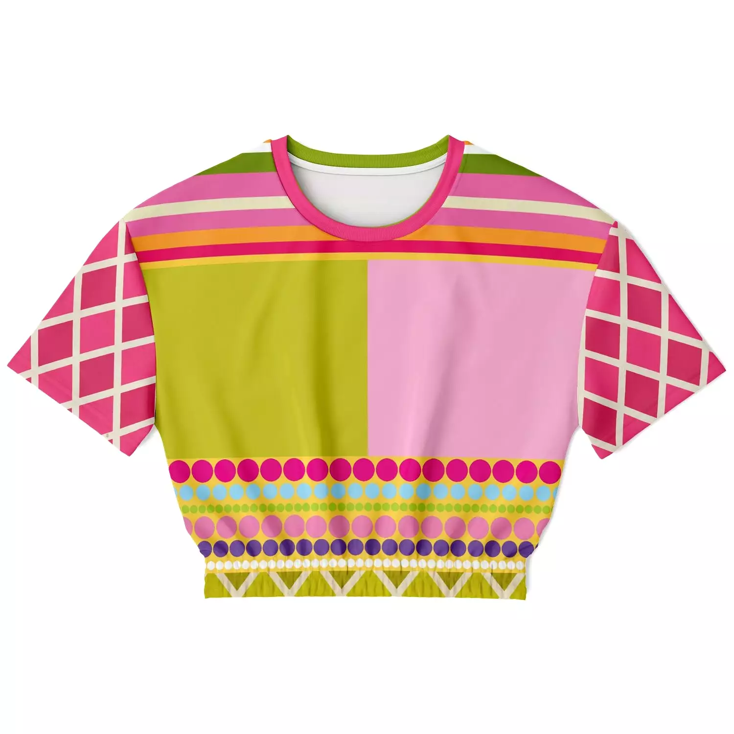 Hello Janis!  Pink Spliced Short Sleeve Cropped Sweater