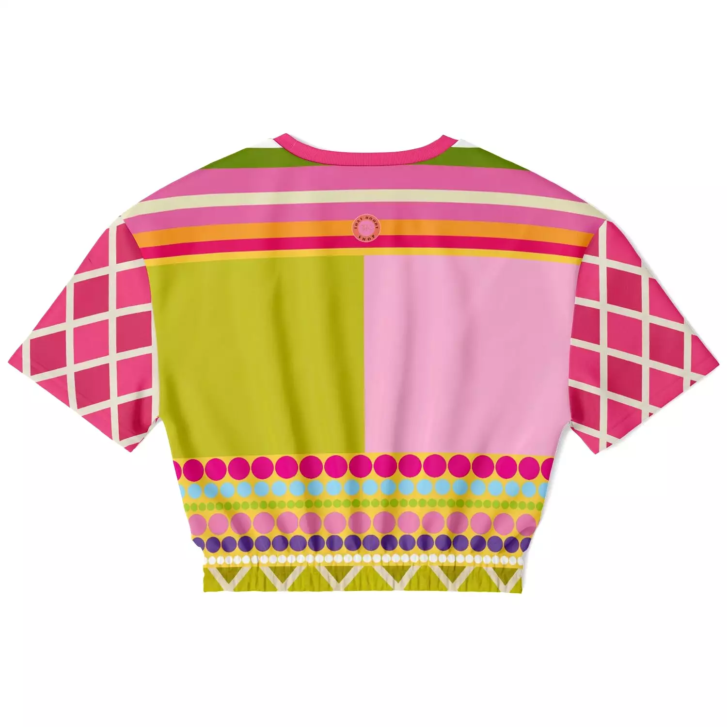 Hello Janis!  Pink Spliced Short Sleeve Cropped Sweater