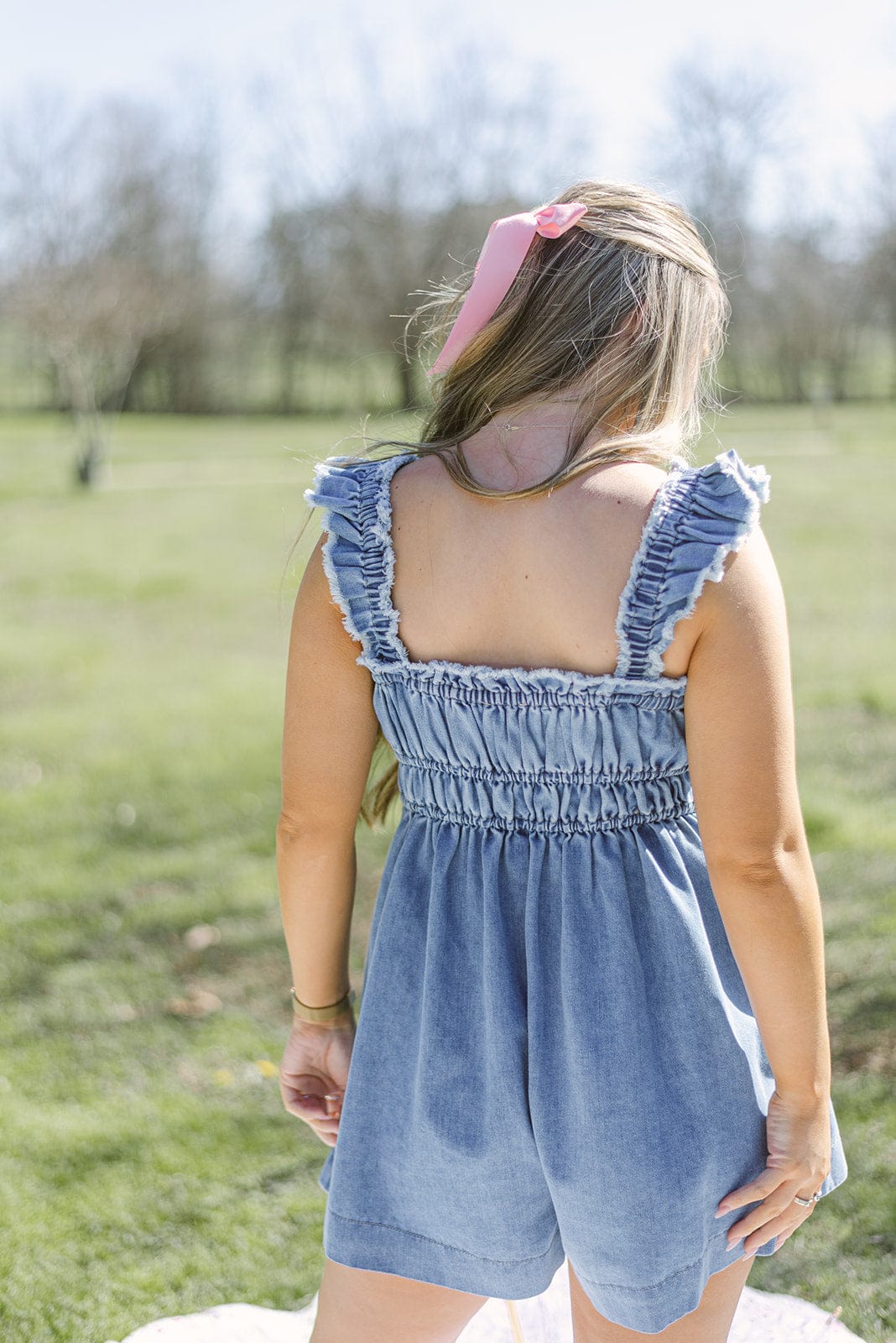 Medium Wash Pleated Denim Romper