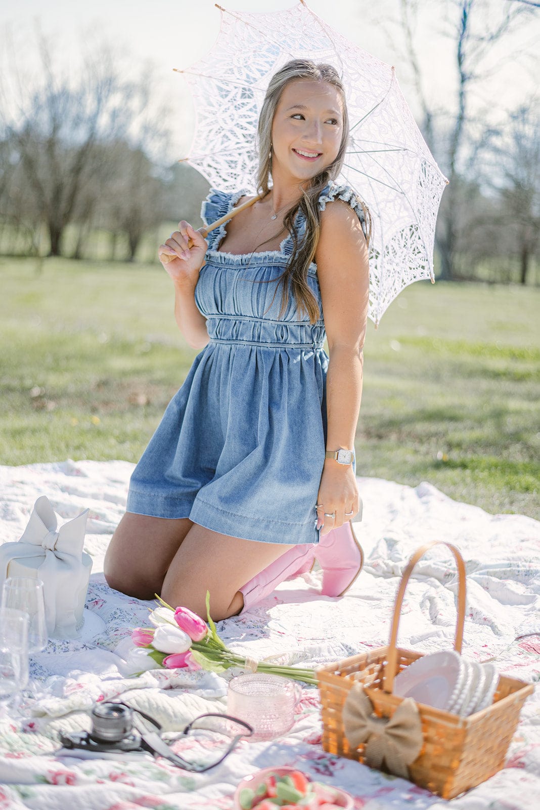 Medium Wash Pleated Denim Romper