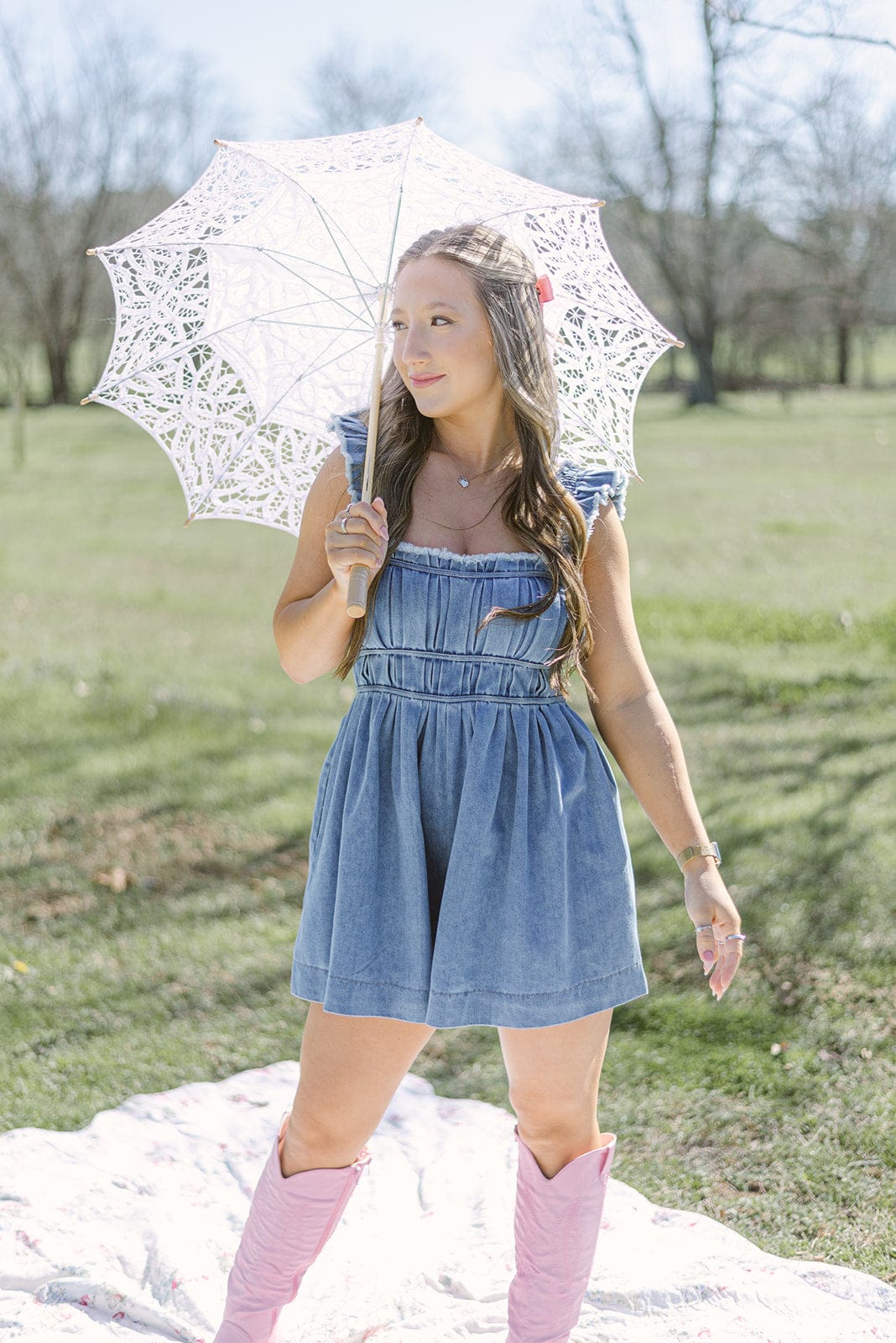 Medium Wash Pleated Denim Romper