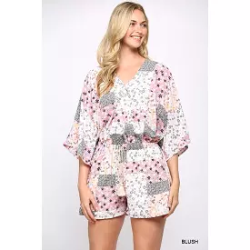 Patchwork Printed Surplice Romper With Waist Tassel Tie And Bottom Lining