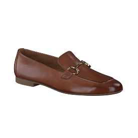 PAUL GREEN 2596 Dark Tan Leather Loafers with Gold Buckle