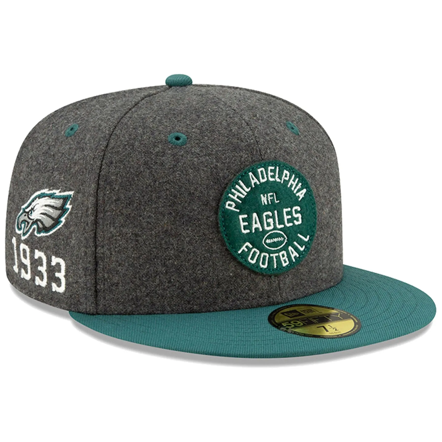 Philadelphia Eagles New Era 2019 NFL Sideline Home Official 59FIFTY 1930s Heather Charcoal/Green Fitted Hat