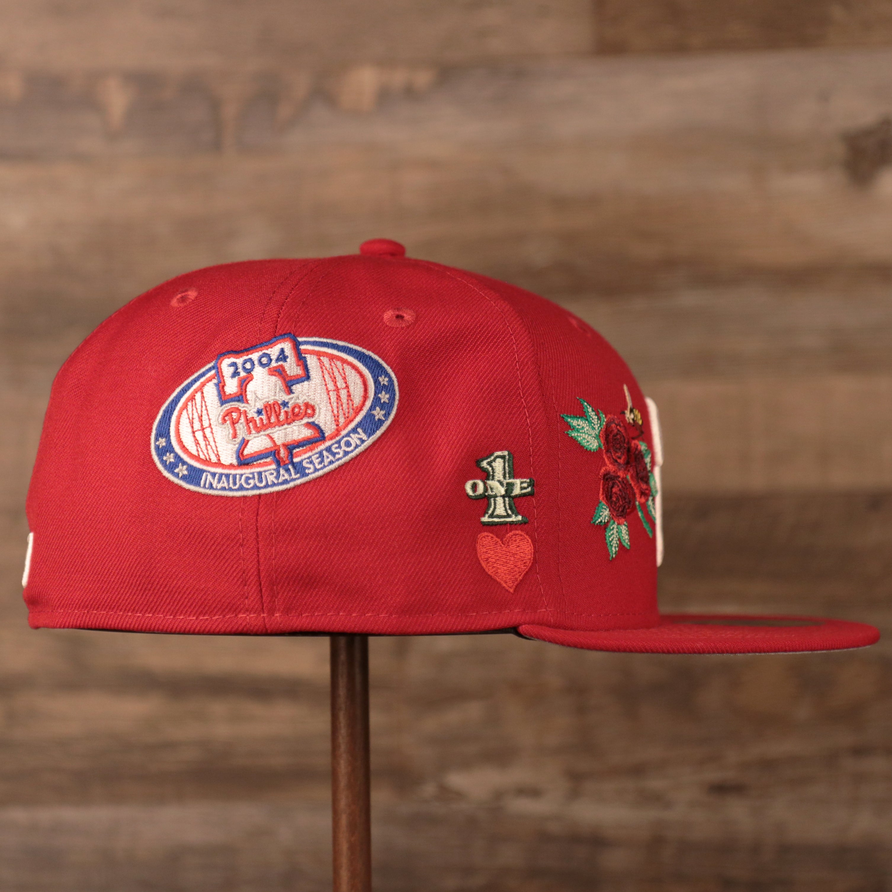 Phillies Red World Champ All Over Patch Floral Fitted Cap | Phillies All Over Embroidered Floral Patch Grey Bottom Brim 59fifty