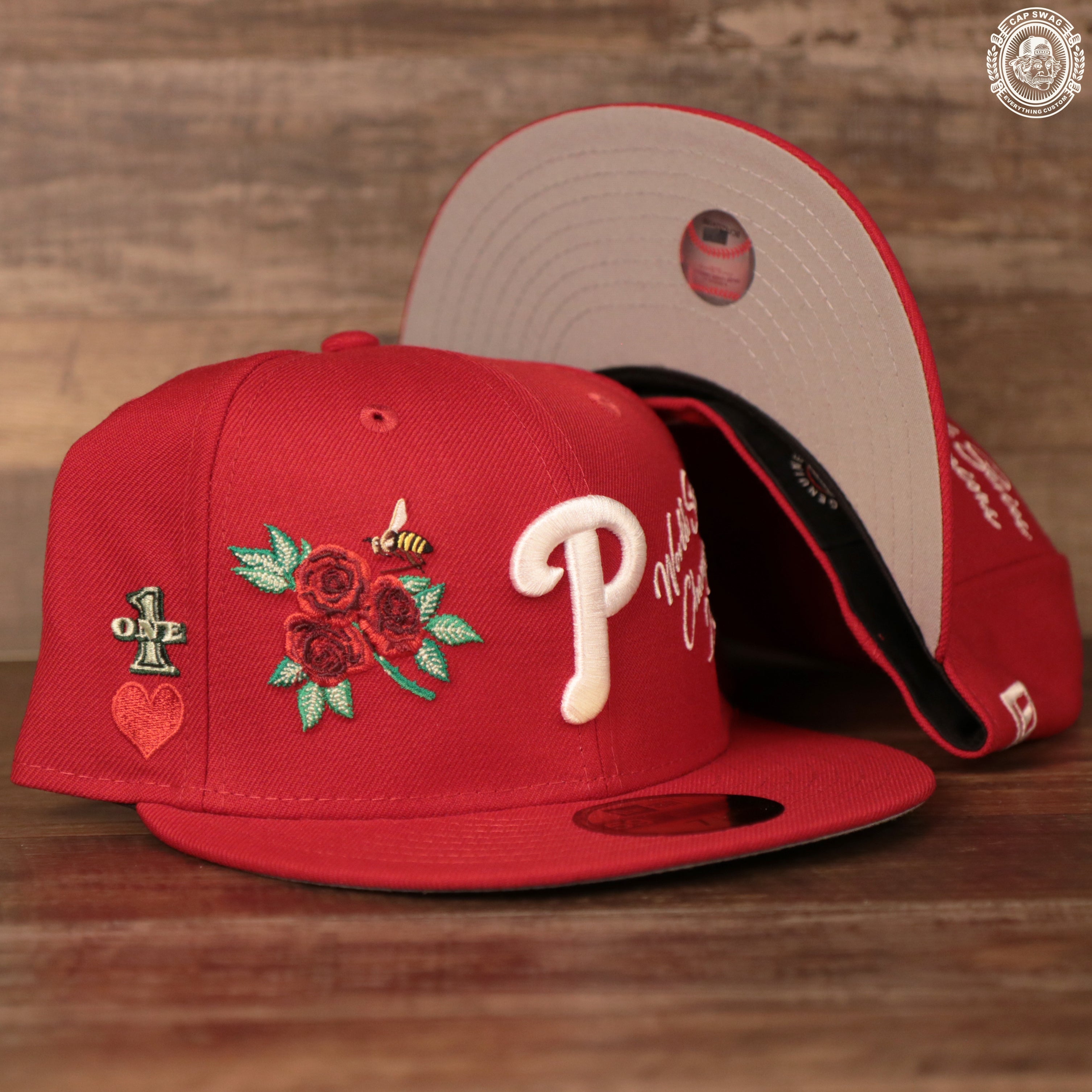 Phillies Red World Champ All Over Patch Floral Fitted Cap | Phillies All Over Embroidered Floral Patch Grey Bottom Brim 59fifty