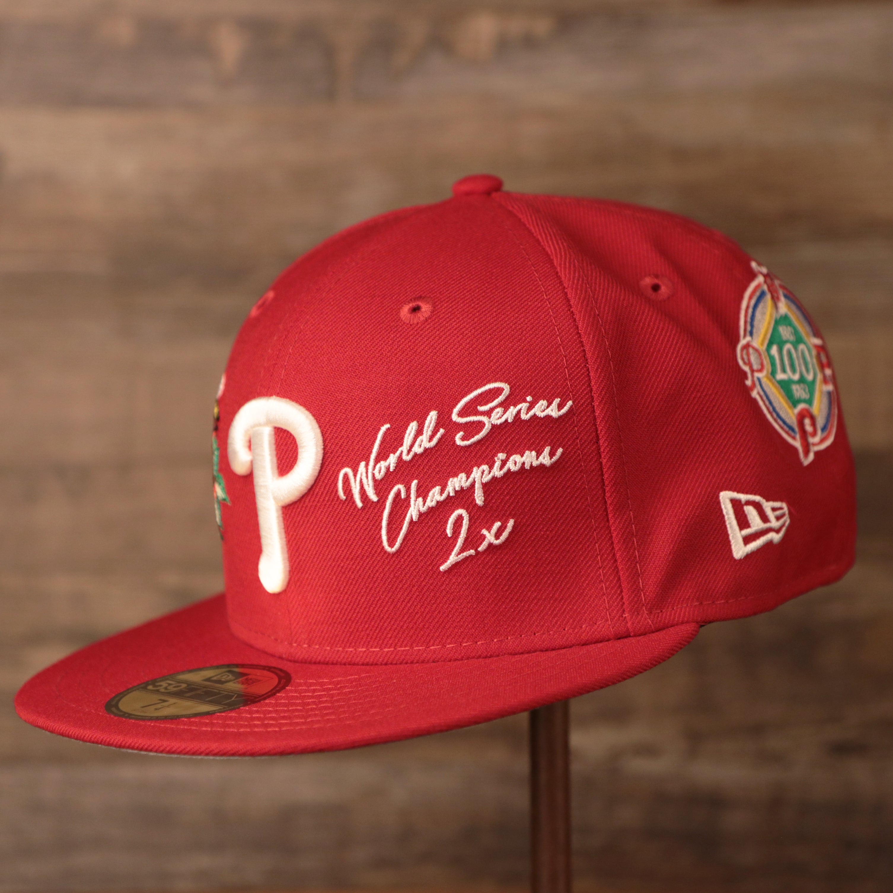 Phillies Red World Champ All Over Patch Floral Fitted Cap | Phillies All Over Embroidered Floral Patch Grey Bottom Brim 59fifty