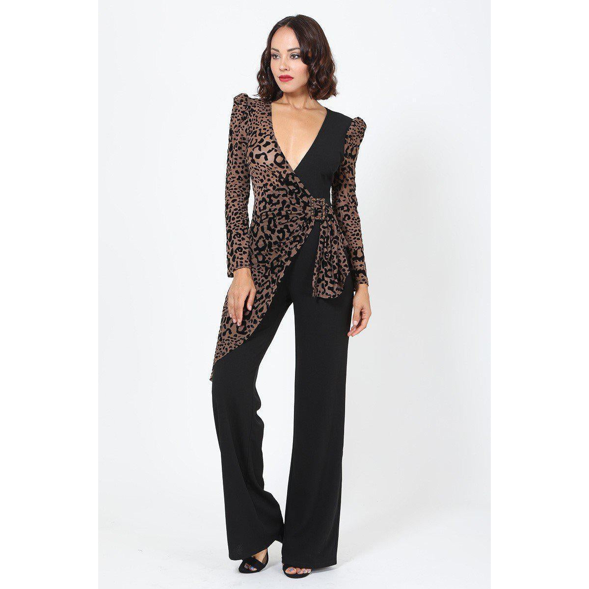 Plunging V Buckle Detail Leopard Jumpsuit