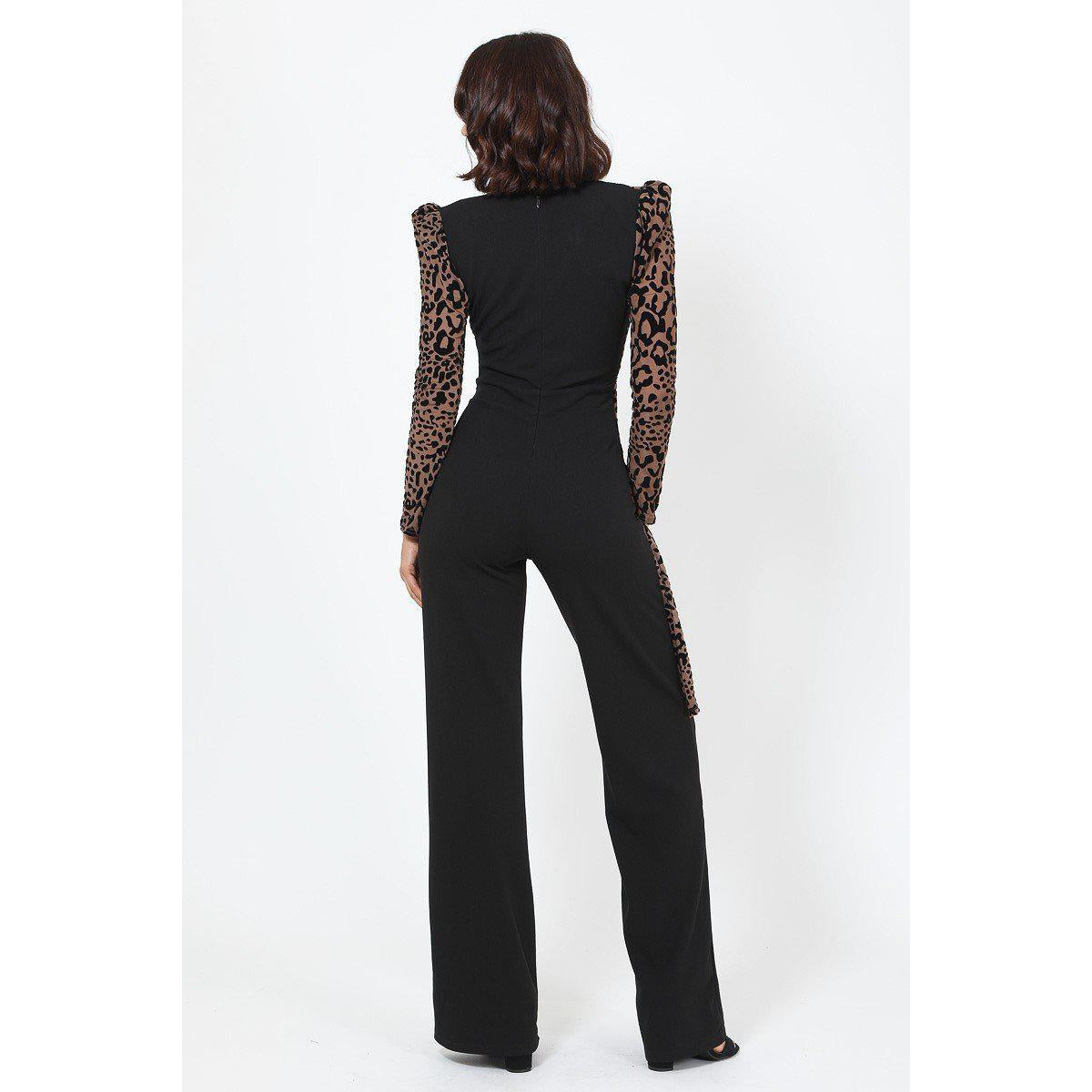 Plunging V Buckle Detail Leopard Jumpsuit