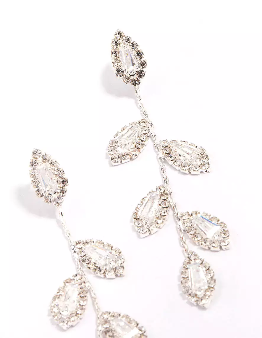 Silver Diamante Leaf Drop Earrings