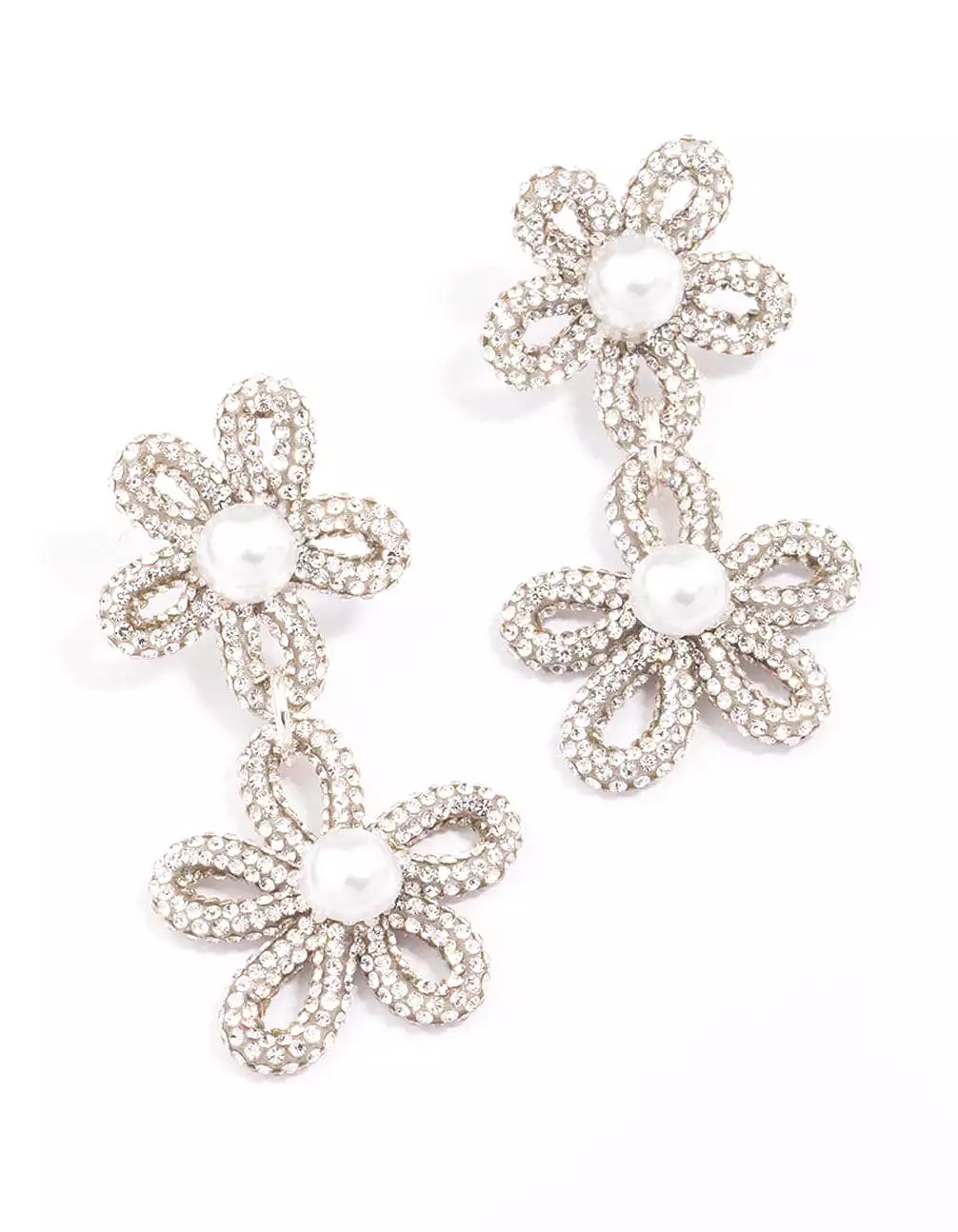 Silver Double Flower Pearl Drop Earrings