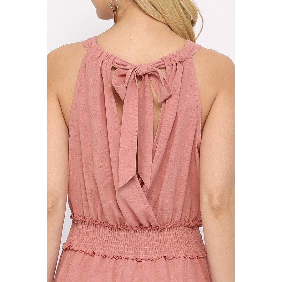 Textured Woven And Smocking Waist Romper With Back Open And Tie