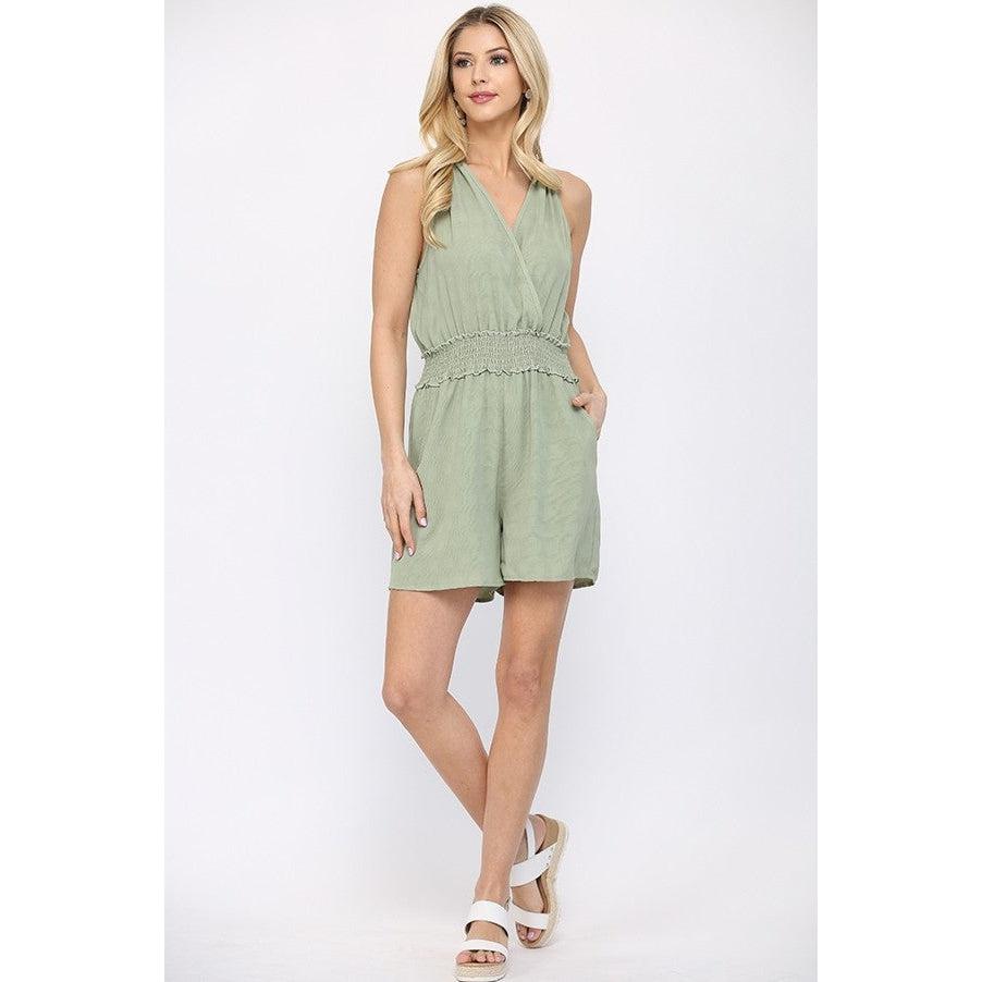 Textured Woven And Smocking Waist Romper With Back Open And Tie