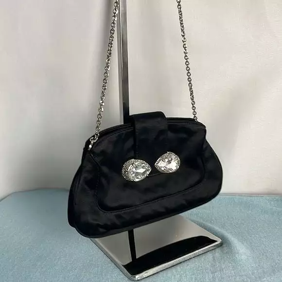 TodsBlackSatin With Crystal Clasp Evening Bag