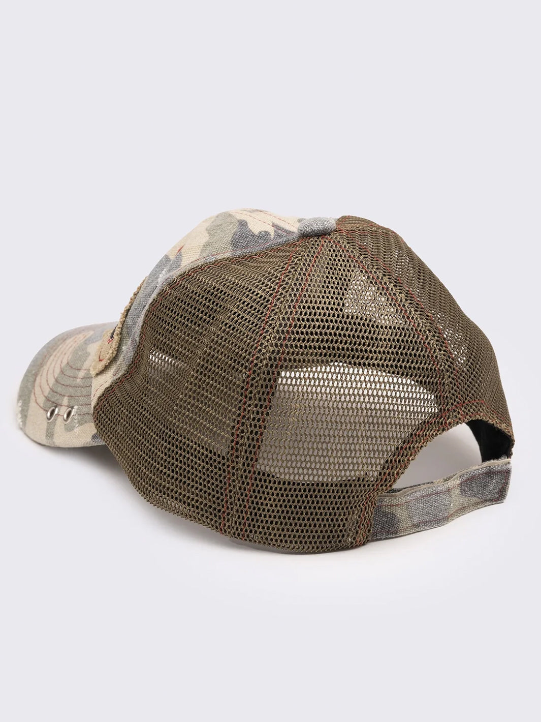 TROUBLEMAKER CAMO DISTRESSED TRUCKER CAP