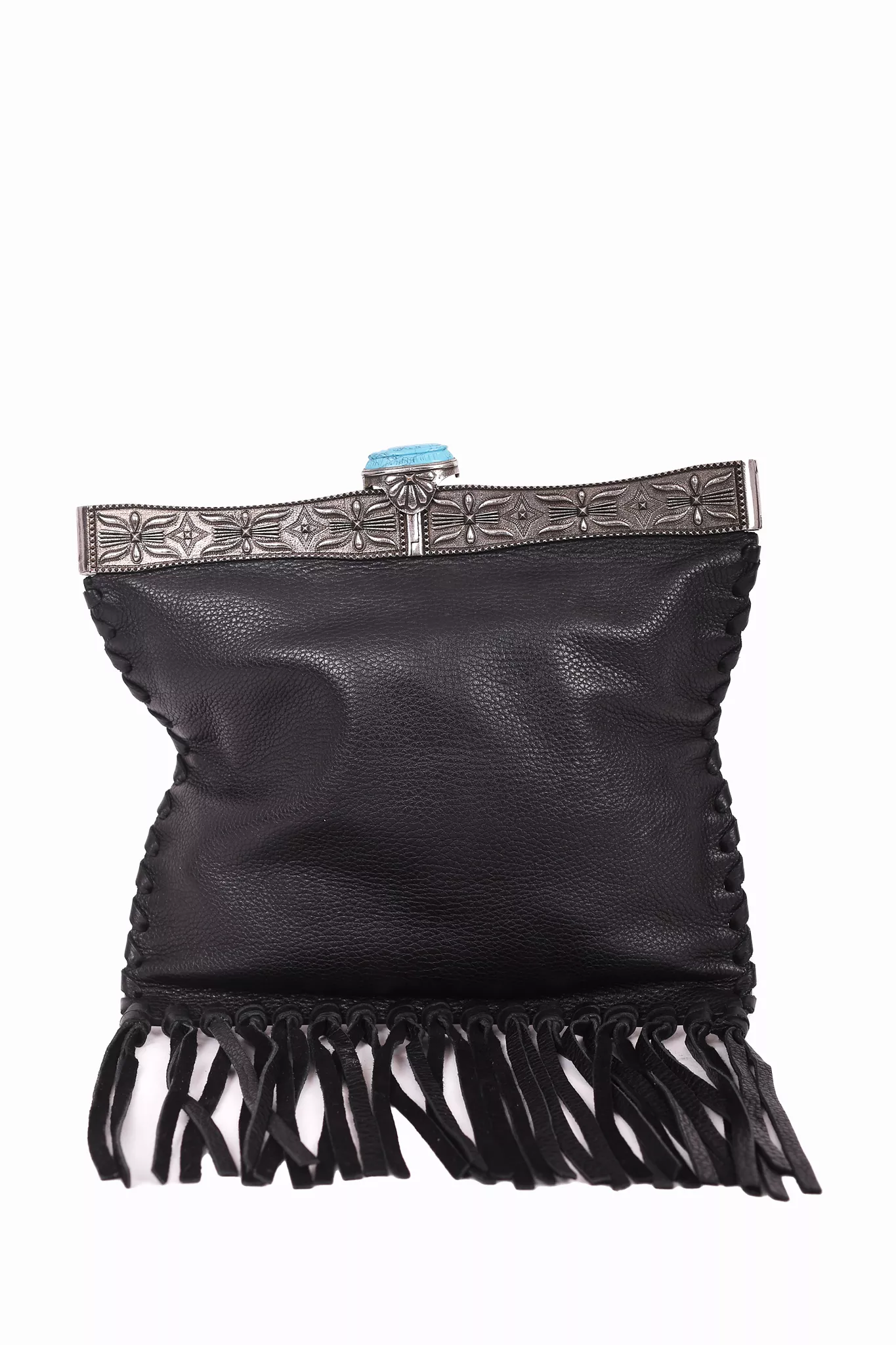 Valentino Garavani Black Leather Fringe Bag with Turquoise Clasp and Silver Chain Strap