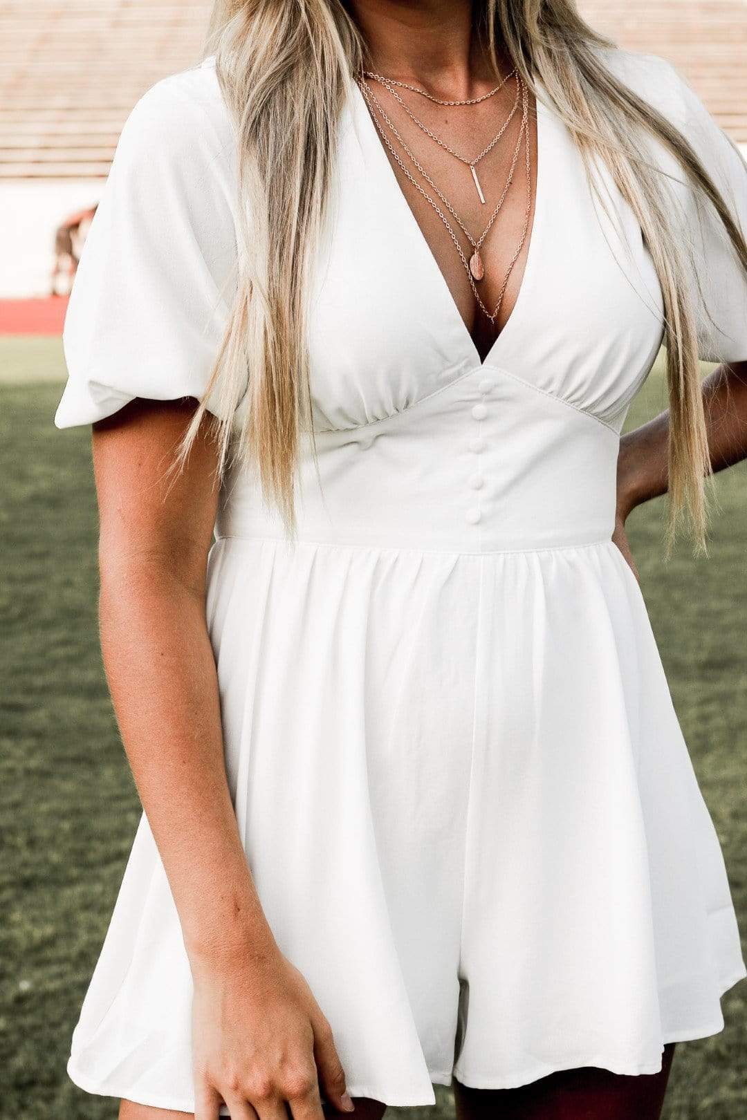 White V-Neck Short Sleeve Romper