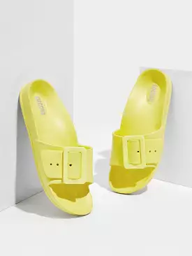 Woman Shoes Buckle Decor Single Band Fashionable Yellow Flat Slides For Spring And Summer