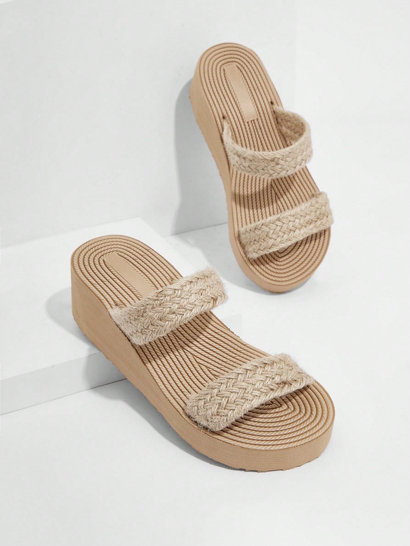 Woman Shoes Double Strap Comfortable Vacation Linen Outdoor Beige Slides For Spring And Summer